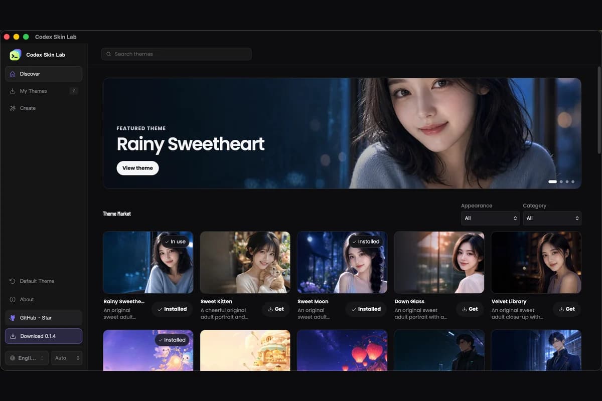 Dark Codex Skin Lab desktop client showing the Discover theme market